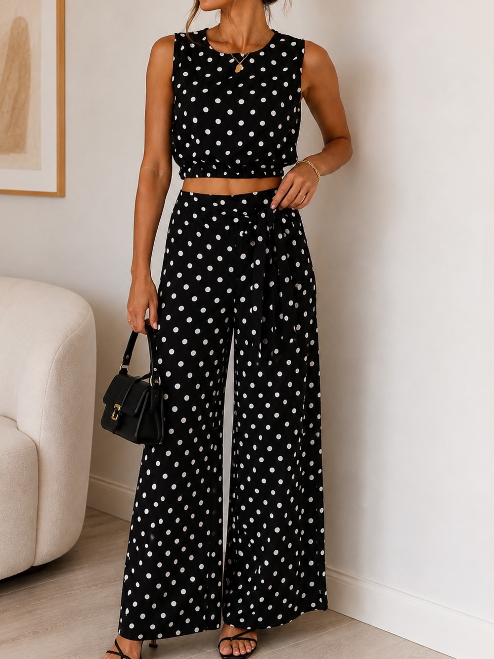 Julia by Love J Polka Dot 2 Piece Set Crop Top Wide Leg Pants Size Large